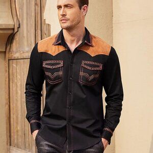 Men's Black Western Cowboy Shirt Embroidered Long Sleeve Slim Fit Casual Cotton